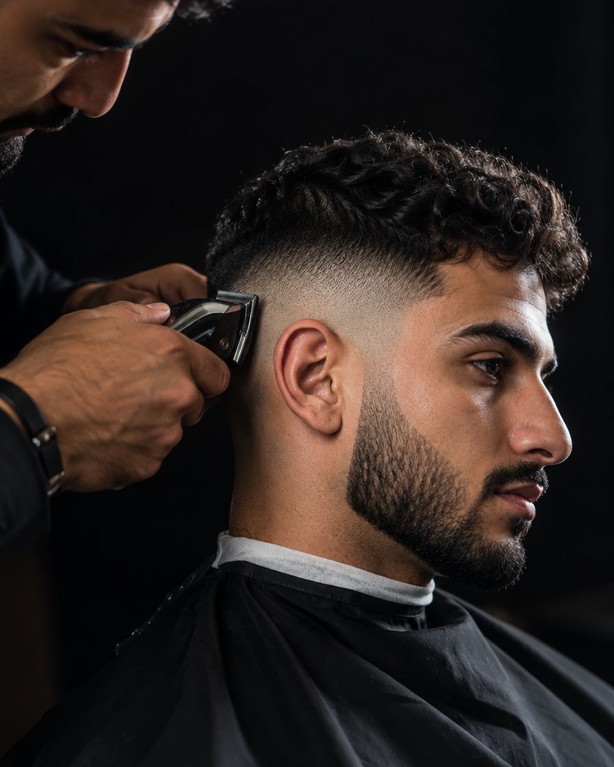 A barber clipping a skin fade on a client with curly hair